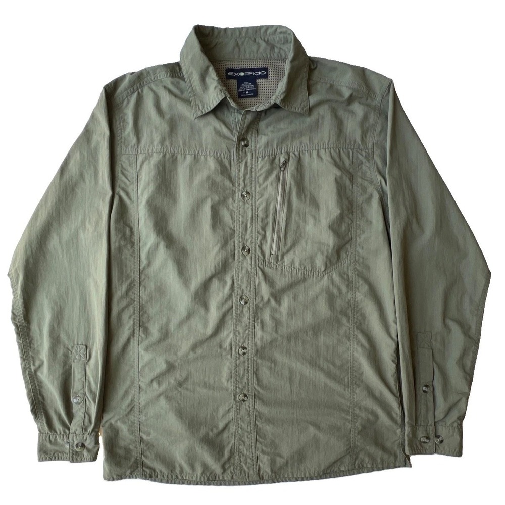 ExOfficio Shirt Mens M Olive Green Nylon Long Sleeve Pocket Hiking Outdoor